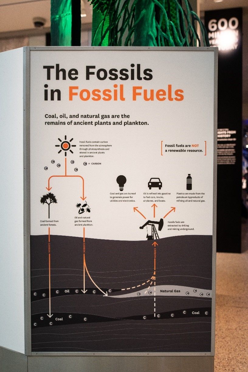 White sign that says "The Fossils in Fossil Fuels" in black and orange at the Smithsonian's National Museum of Natural History.